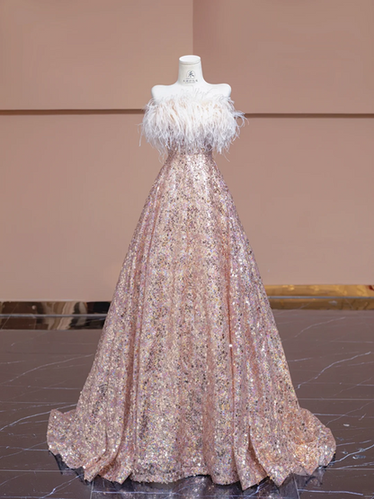 Light pink off-the-shoulder neckline, fitted waist, long flowing skirt, ball gown, bridal dress R8341