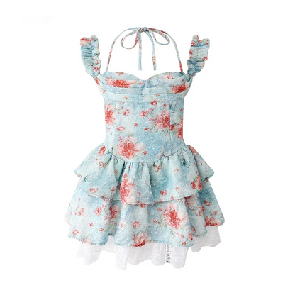 Blue halter floral waist slim skirt homecoming dress R5264