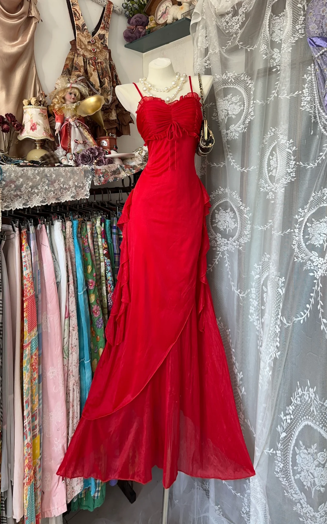 Red suspender waist slim satin sexy long skirt ball gown R6175