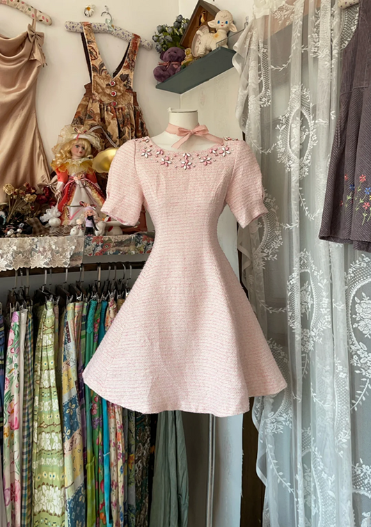 Pink short-sleeved fitted A-line mini skirt, prom dress R6334