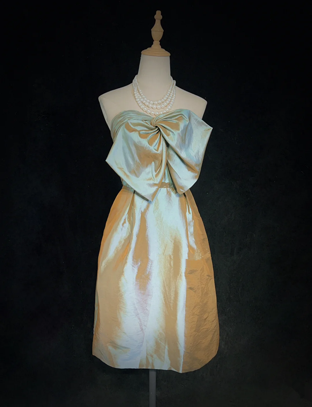 Light green gilded satin bow strapless design waisted mid-length skirt homecoming dress R5002