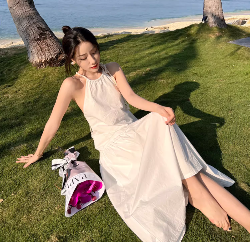 French backless white dress design niche slim sexy seaside holiday beach dress R1602