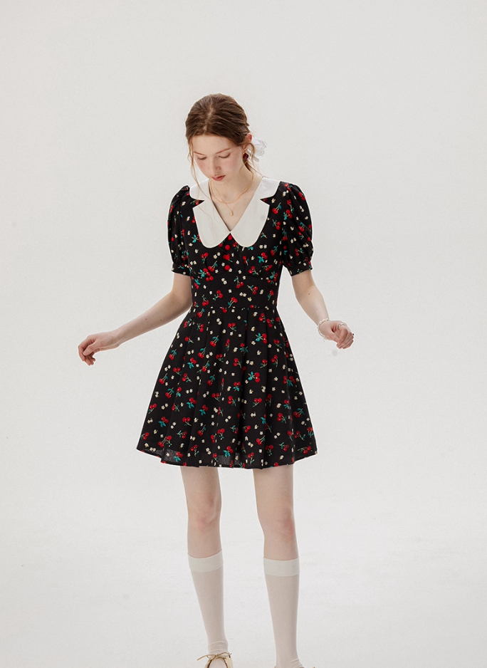 Baby collar floral dress French style black dress petite short dress female summer new style R3561