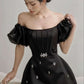 Black puff sleeve herringbone slim A-line princess skirt homecoming dress R3926