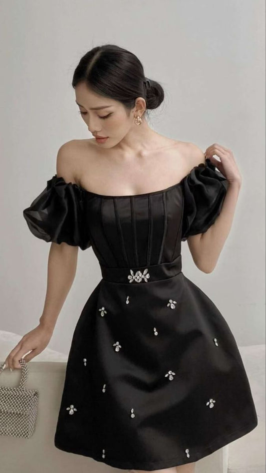 Black puff sleeve herringbone slim A-line princess skirt homecoming dress R3926