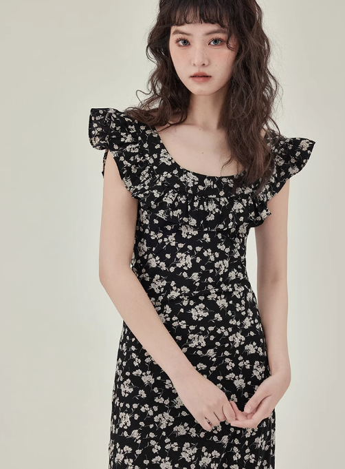 Small flying sleeves tall dress 2025 new temperament floral long dress R2384