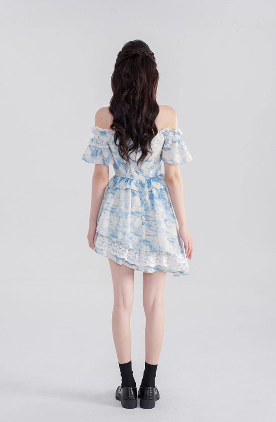 One-shoulder floral dress summer lotus leaf sleeve suspender skirt new high waist A-line skirt R4422