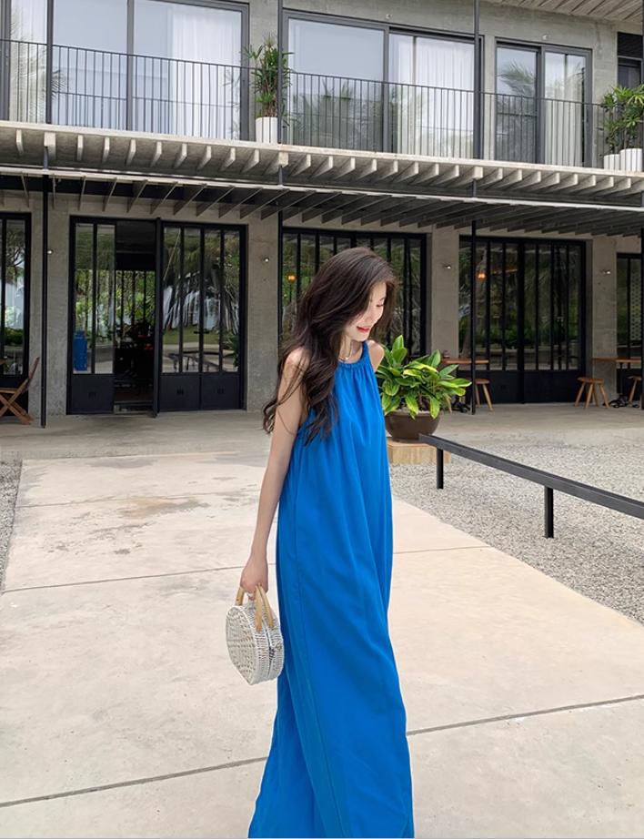 Klein blue sleeveless suspender dress loose lazy style seaside holiday atmosphere dress R1633