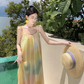 Beach vacation yellow gradient lazy style loose sling gentle style temperament dress R1630