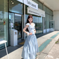 Blue v-neck small flying sleeve t-shirt pleated skirt suit summer French style loose two-piece suit R4913