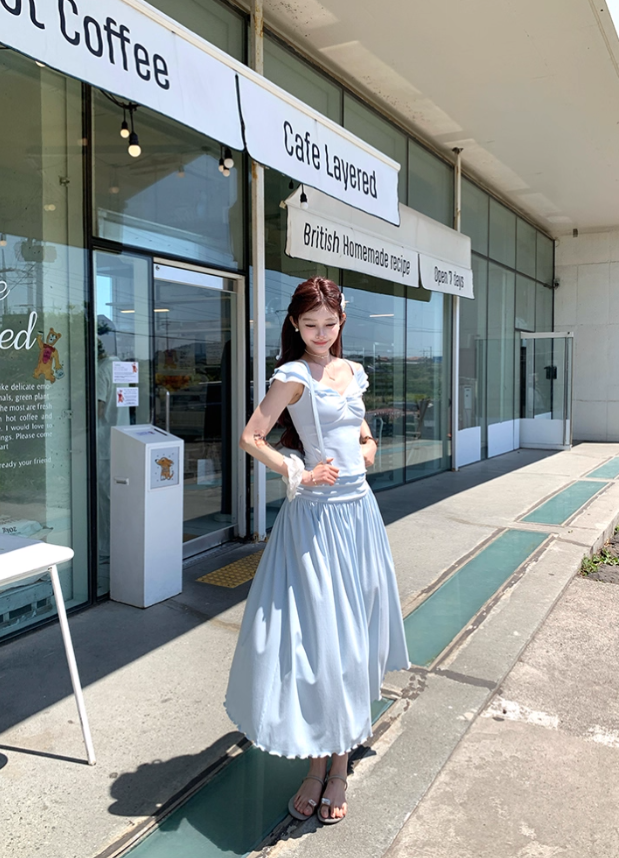 Blue v-neck small flying sleeve t-shirt pleated skirt suit summer French style loose two-piece suit R4913