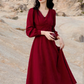 Red dress Hepburn style French retro v-neck petite long-sleeved red dress R1752