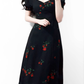 2025 Summer New French Retro Square Neck Black Floral Puff Sleeve Dress R0908