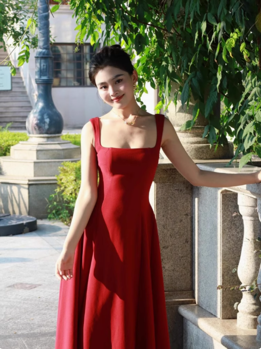 Pure desire sexy suspender dress 2025 new slim retro wine red slim waist a-line long skirt R1541