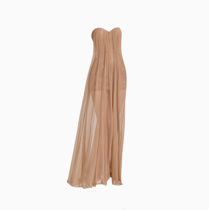 High-grade tube top mesh ribbon dress 2025 sexy backless holiday long dress R1028