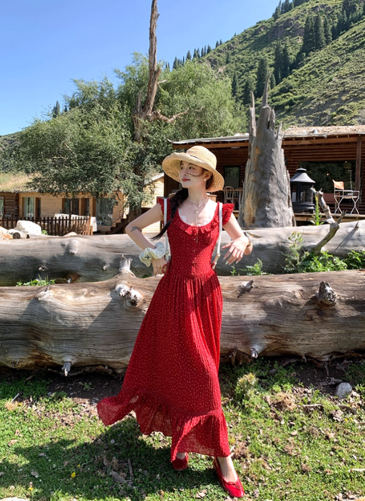 Red polka dot lace cinched waist small flying sleeve dress for women's summer French dress R4784