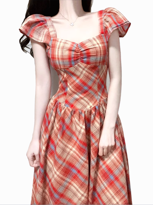 2025 Summer New Red Plaid French Retro Square Neck Temperament Short Sleeve Dress R0973