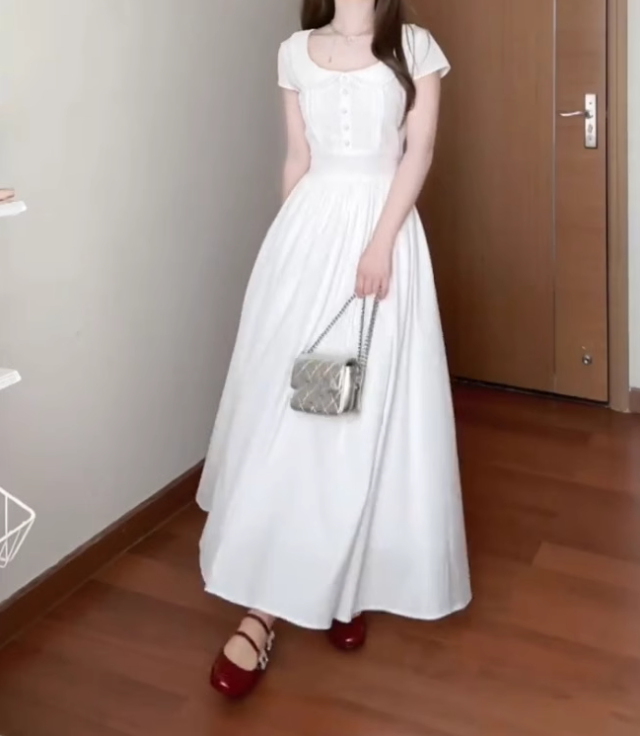 Elegant and decent skirt, gentle style, beautiful waist A-line white dress R0717