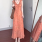 Floral suspender skirt niche design flying sleeves v-neck waist beautiful dress R0775