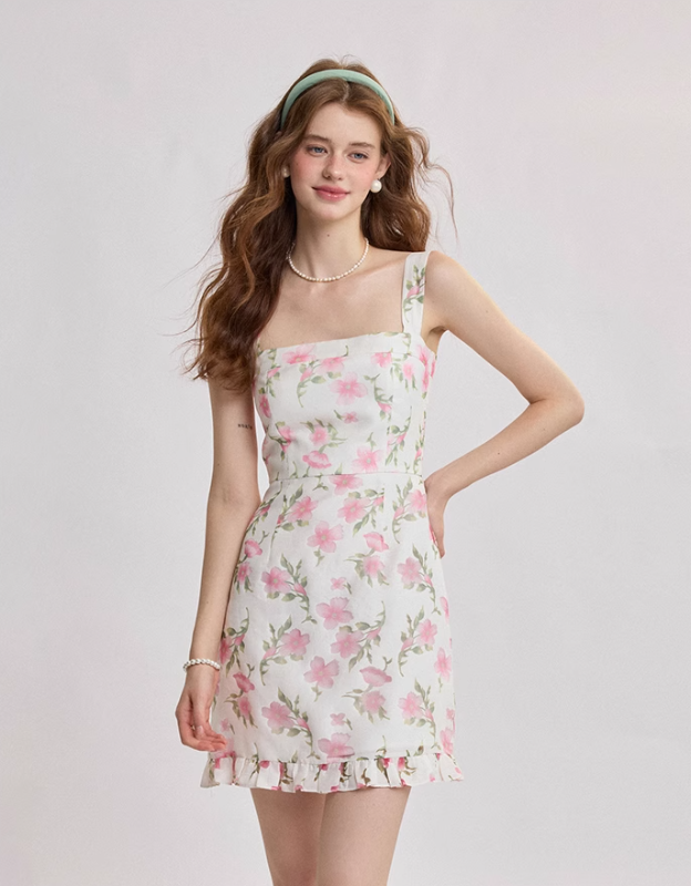 French floral suspender short dress R2710