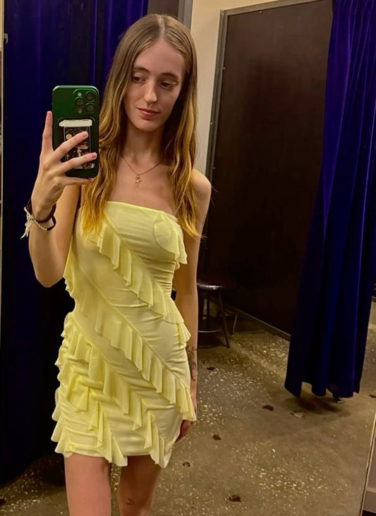 Yellow tube top sexy bevel pattern slim skirt homecoming dress R2483
