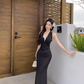 French high-end green v-neck lace halter dress temperament celebrity waist slim hip dress R0453