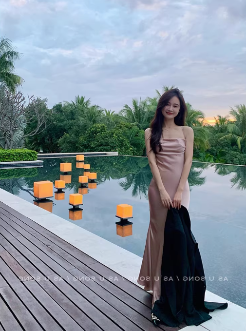 French silk satin suspender dress with backless vacation outfit fishtail slit inner long skirt R1531