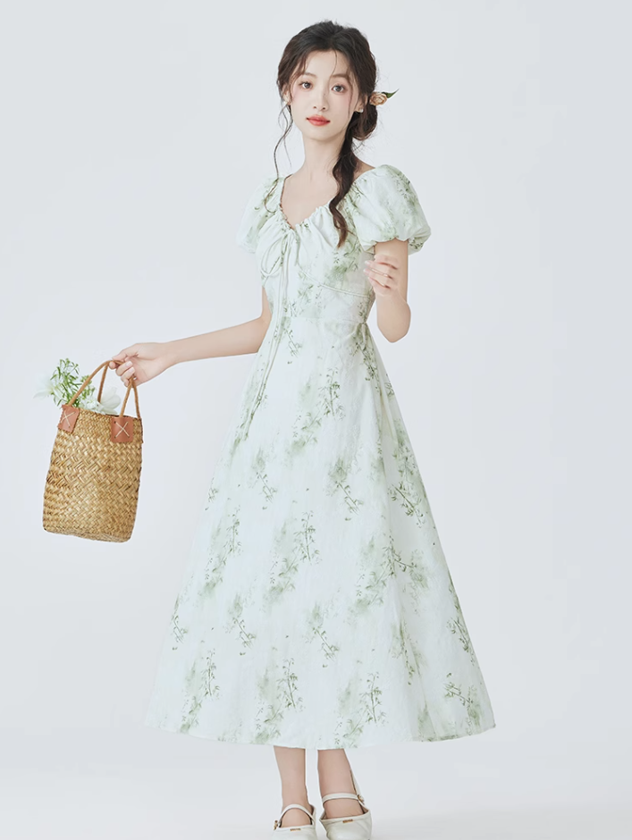 French floral dress new tea break beautiful dress waist long dress temperament R2363