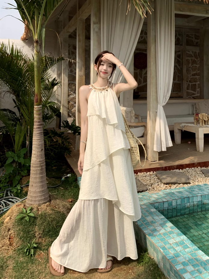 Fairy halter neck dress vacation outfit beach long dress irregular ruffle skirt R1721