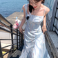 Blue gradient long floral one-shoulder waist suspender dress summer temperament skirt R4904