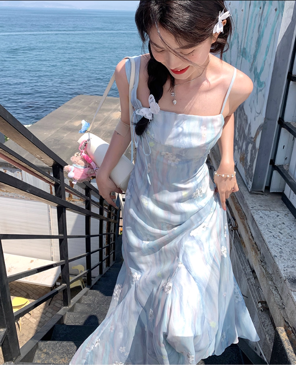 Blue gradient long floral one-shoulder waist suspender dress summer temperament skirt R4904