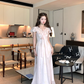 Pink long v-neck waist short-sleeved chiffon dress summer temperament embroidered A-line skirt R4576