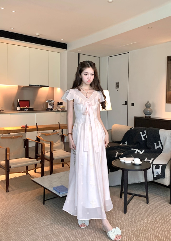 Pink long v-neck waist short-sleeved chiffon dress summer temperament embroidered A-line skirt R4576