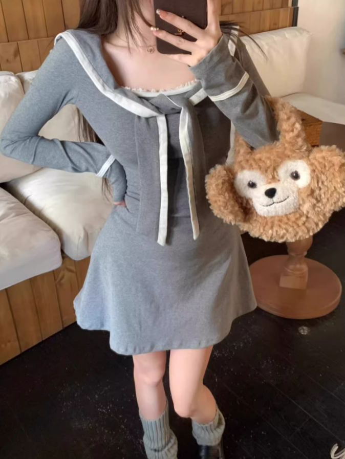 Sweet and spicy navy collar long-sleeved dress 2025 pure desire waist A-line short skirt R1094