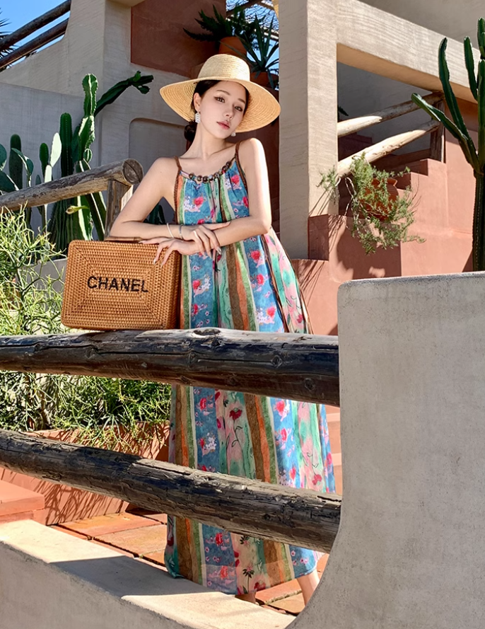 Travel wear beach dress retro travel seaside vacation floral suspender dress R1585