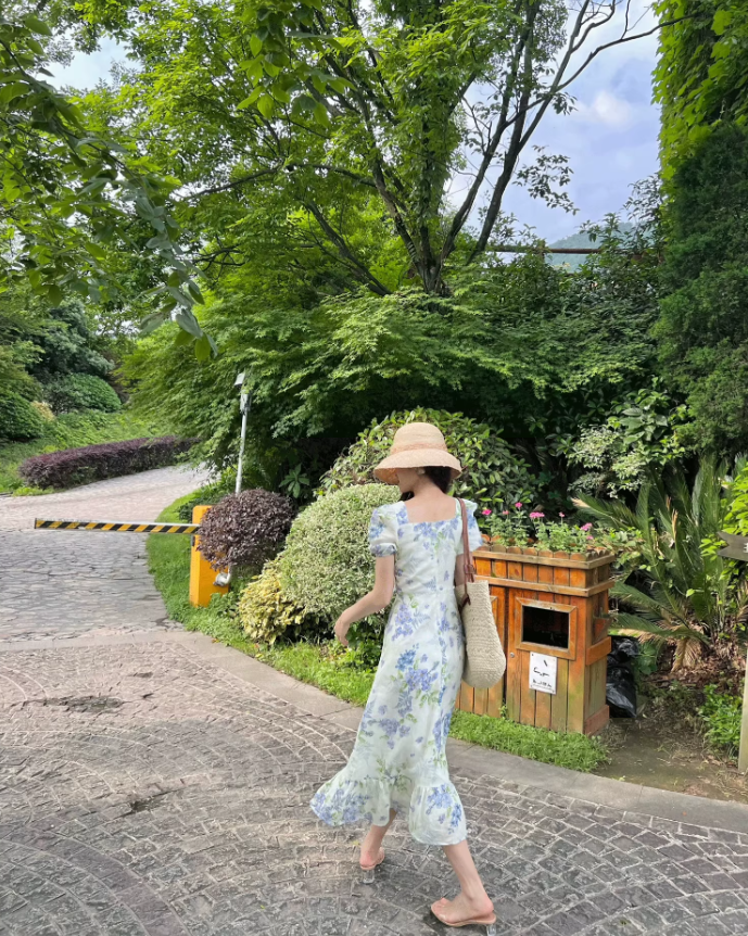 French fresh pastoral style temperament slim print fairy atmosphere floral ruffle dress R1430