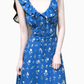 2025 Summer New Retro Blue Floral Ruffle Waist V-Neck Holiday Dress R0976