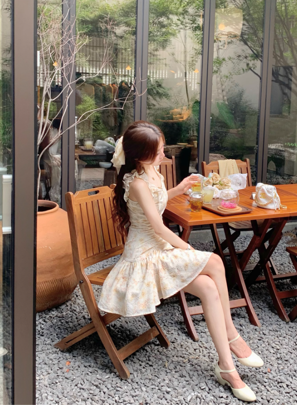 French romantic yellow floral dress for women summer beautiful suspender skirt R3825