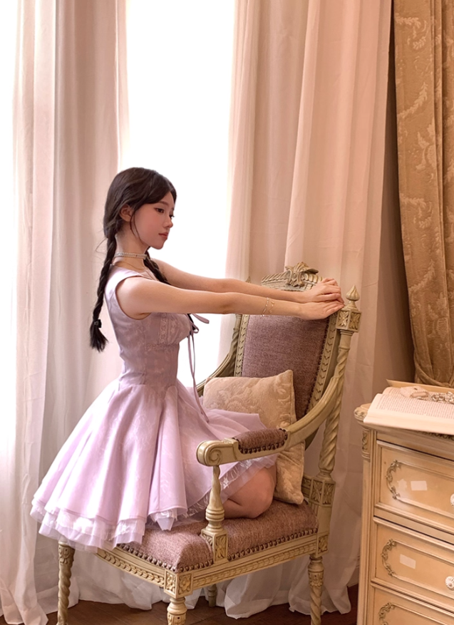 Purple square neck waist A-line suspender dress summer French retro temperament high-end skirt R4625