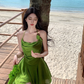 French green halter neck short skirt dopamine holiday style slim waist a-line dress R1631