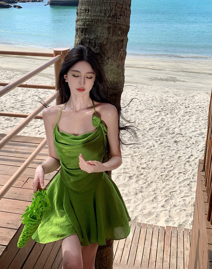 French green halter neck short skirt dopamine holiday style slim waist a-line dress R1631