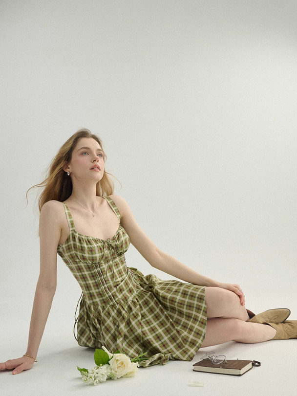 French suspender skirt seaside holiday short skirt fairy skirt plaid dress R2765