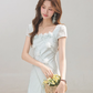 Summer new style elegant high-grade blue dress square collar waist long skirt R1898