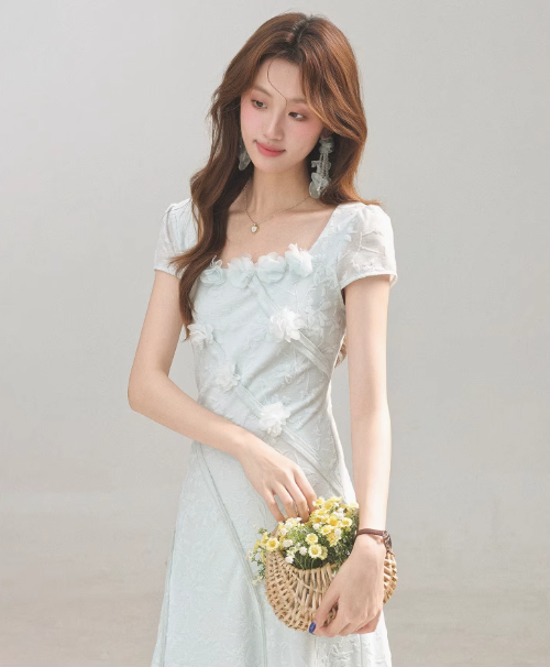 Summer new style elegant high-grade blue dress square collar waist long skirt R1898