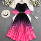 Light mature style celebrity temperament waist slimming A-line large swing printed pleated dress R0307