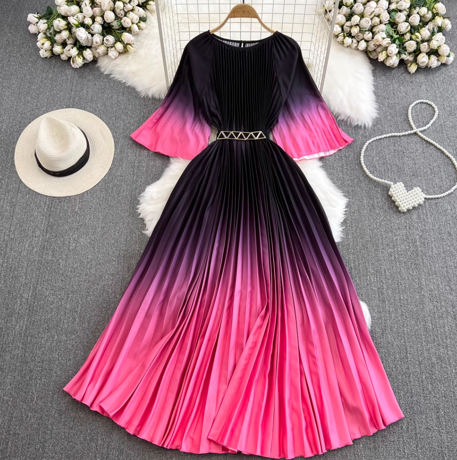 Light mature style celebrity temperament waist slimming A-line large swing printed pleated dress R0307