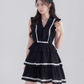 Black V-neck dress women's summer high waist princess skirt new design niche A-line short skirt R4465
