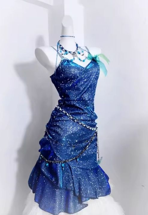 Deep blue sequined sling waist pleated princess homecoming dress R3108