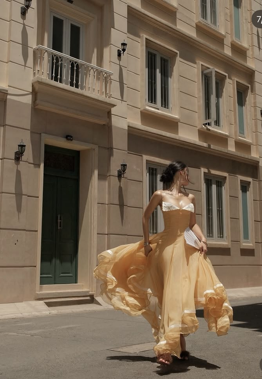 Vibrant Flowy Tulle Prom Gown Warm Yellow Women's Corset Maxi Birthday Dress — Fall Outfit 2026 RS3057