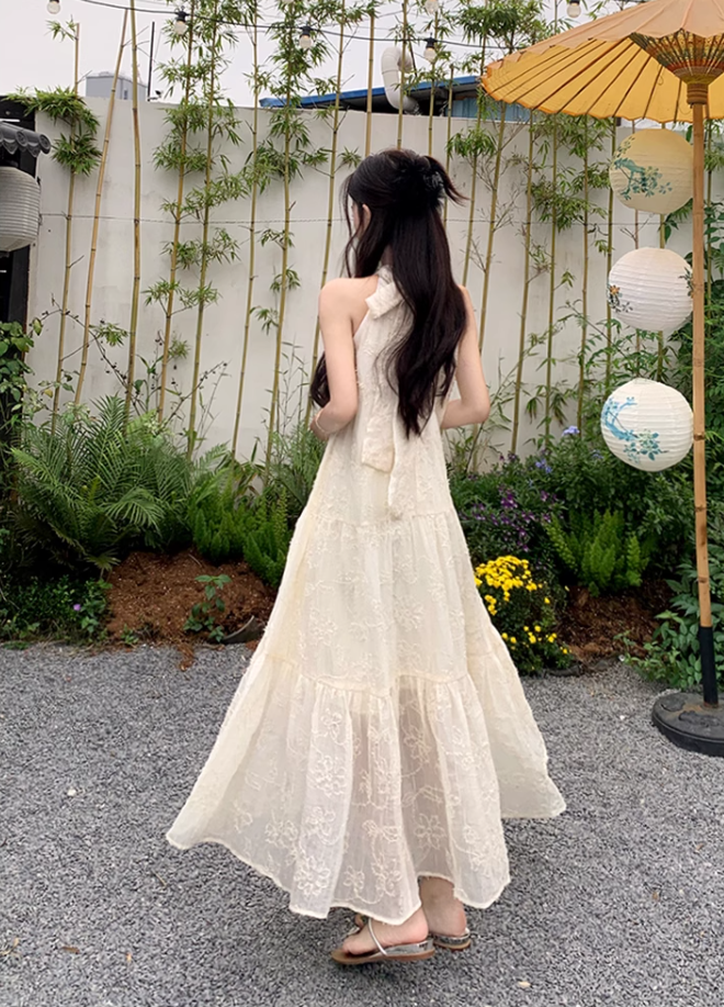 White lace off-shoulder beach maxi dress holiday suspender dress French retro dress R1697